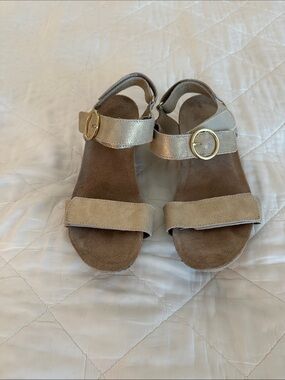 Munro Neutral Suede Sandals with Metallic Gold Buckle